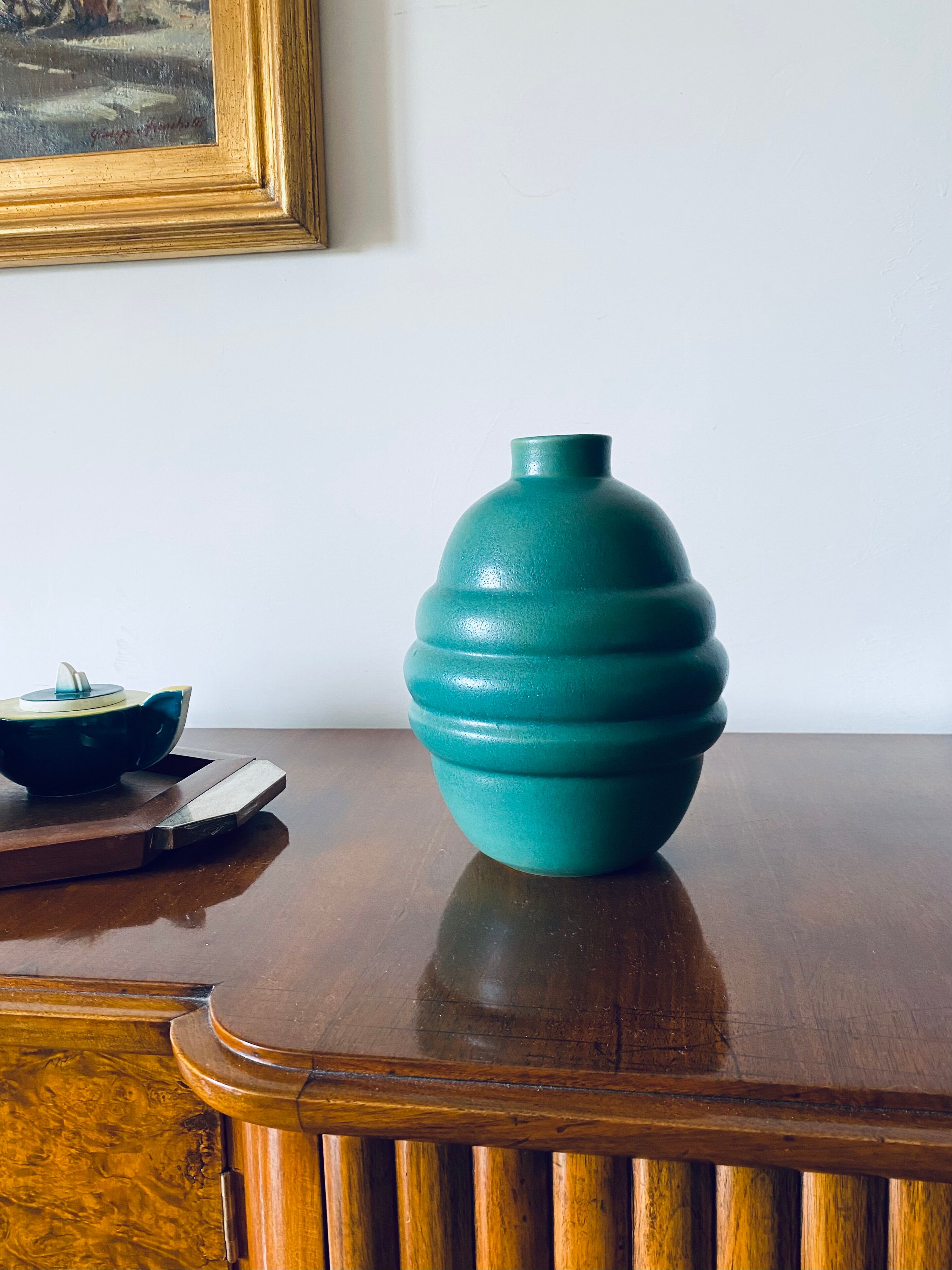 Art deco turquoise faience vase, france 1940s