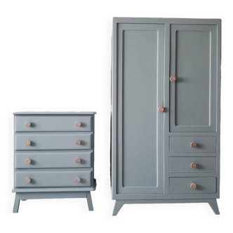 Light blue wardrobe and chest of drawers set