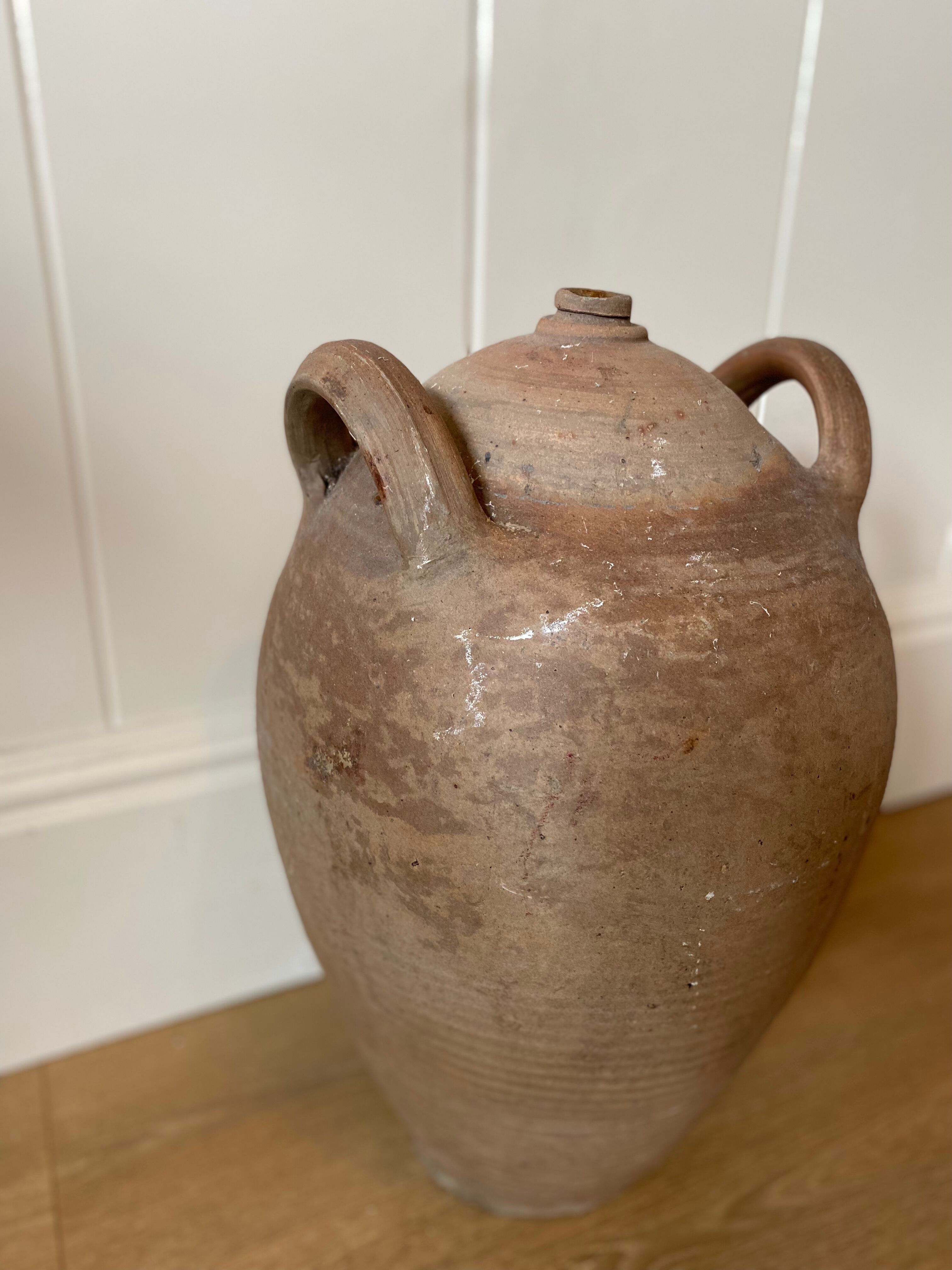 Antique french country rustic walnut oil storage jar