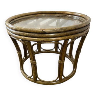 Table d'appoint, basse ronde vintage en rotin et osier