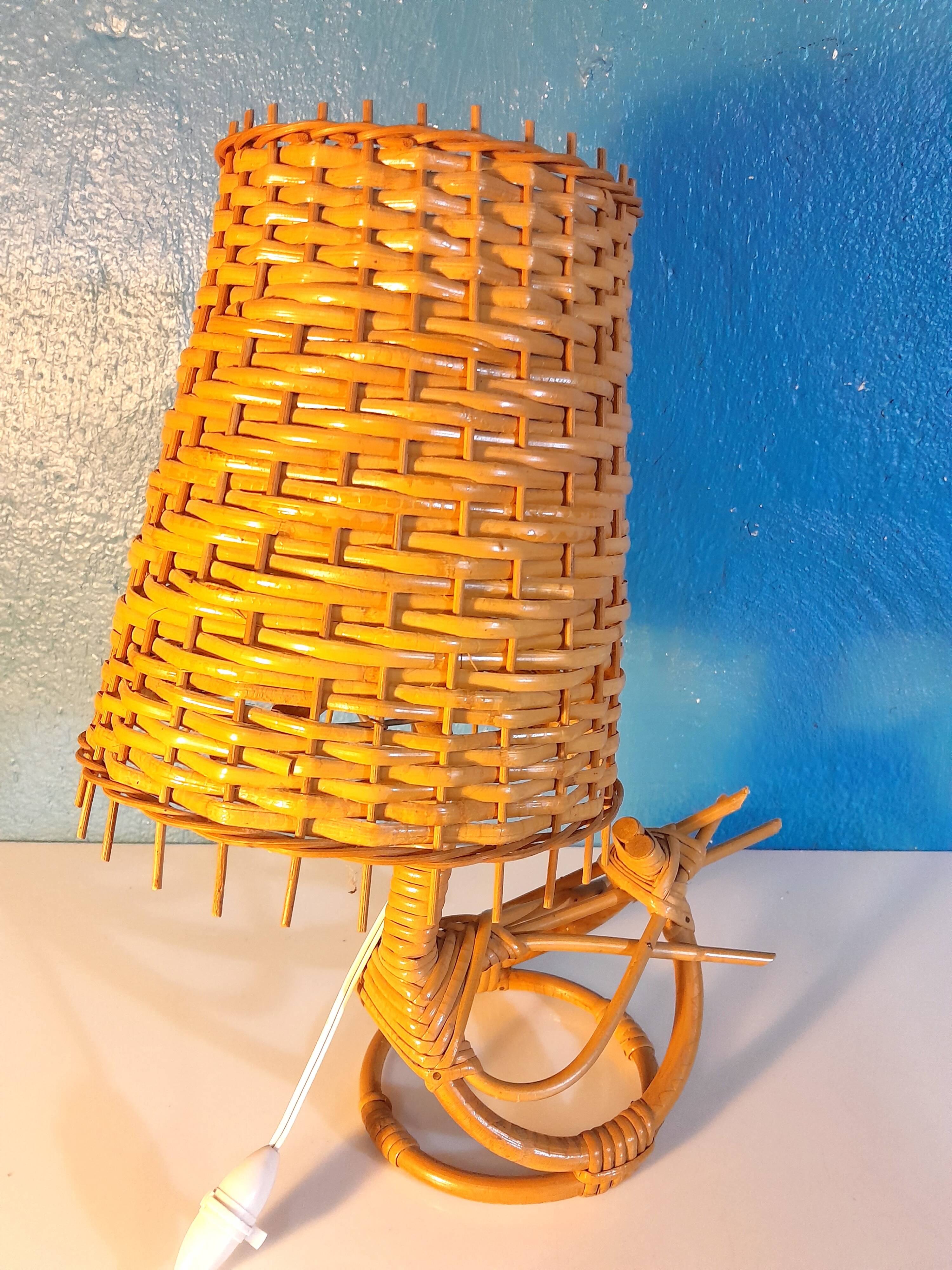 Lampe "oiseau" rotin 1960s