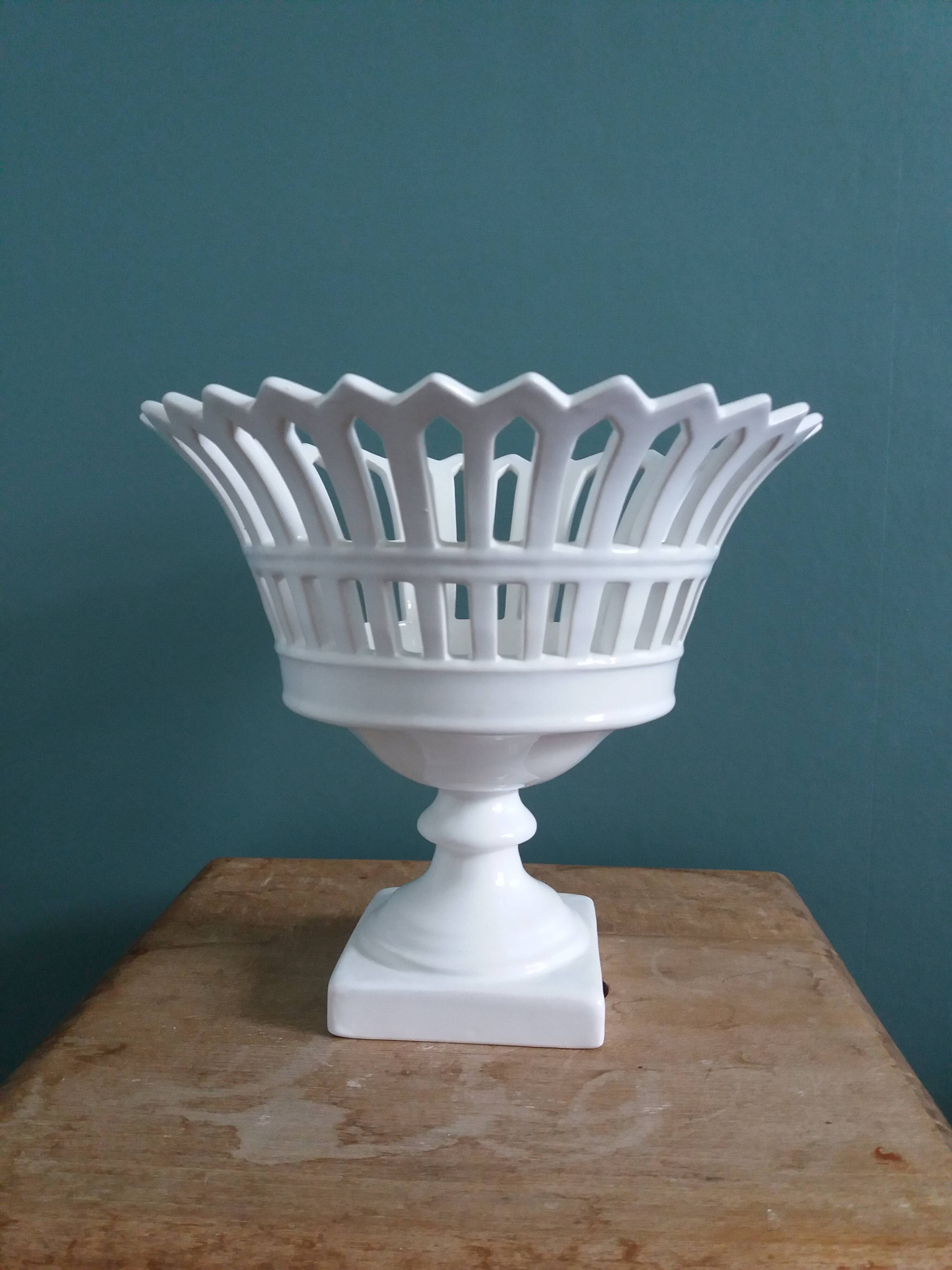 Malicorne Bourg-Joly openwork fruit bowl signed Moreau