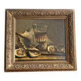 Ancien tableau Nature morte aux huîtres signé cadre bois et stuc doré 19e