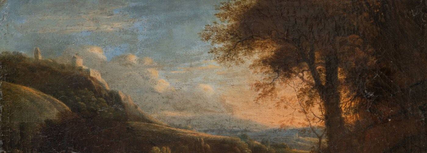 HST "The flight into Egypt, landscape at setting sun" by Hermann van Swanevelt (1600-1655)
