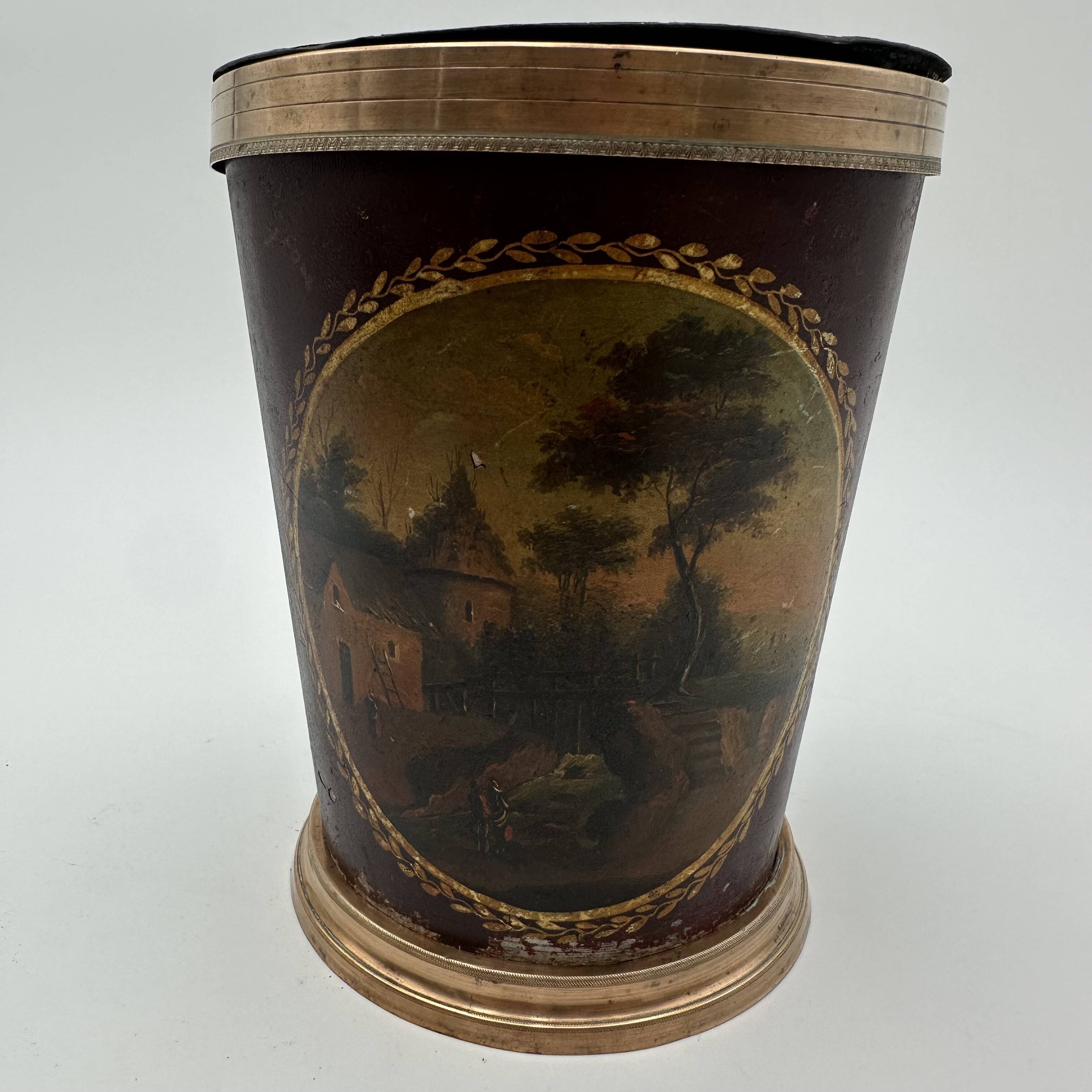 Pair of Painted Tin and Brass Planters, Decorated with Bucolic Landscapes,