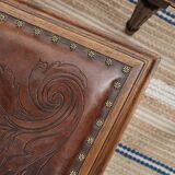 Set of 4 Louis XVI style chairs in carved wood and embossed leather.
