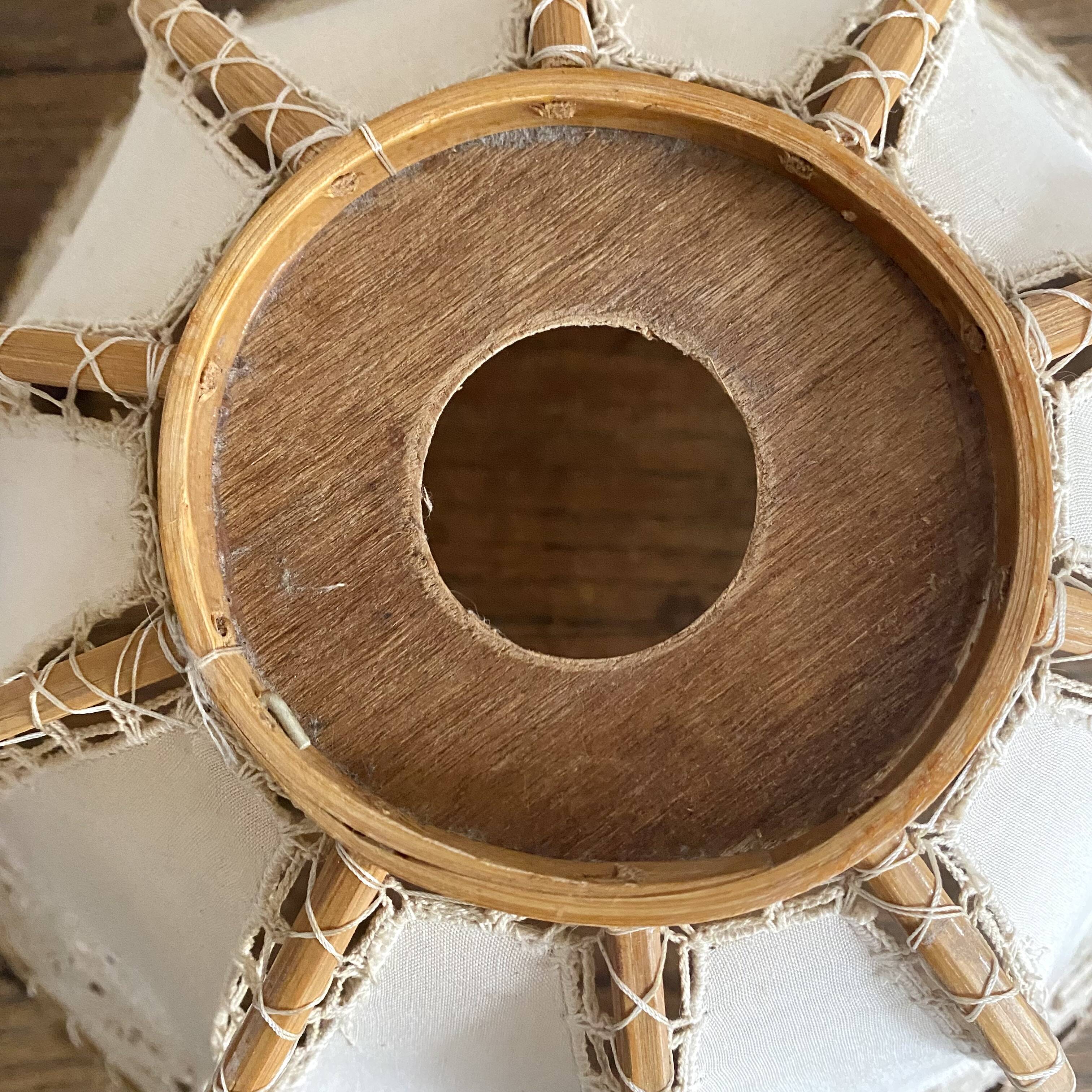 Antique hanging lampshade in rattan and openwork embroidered fabric