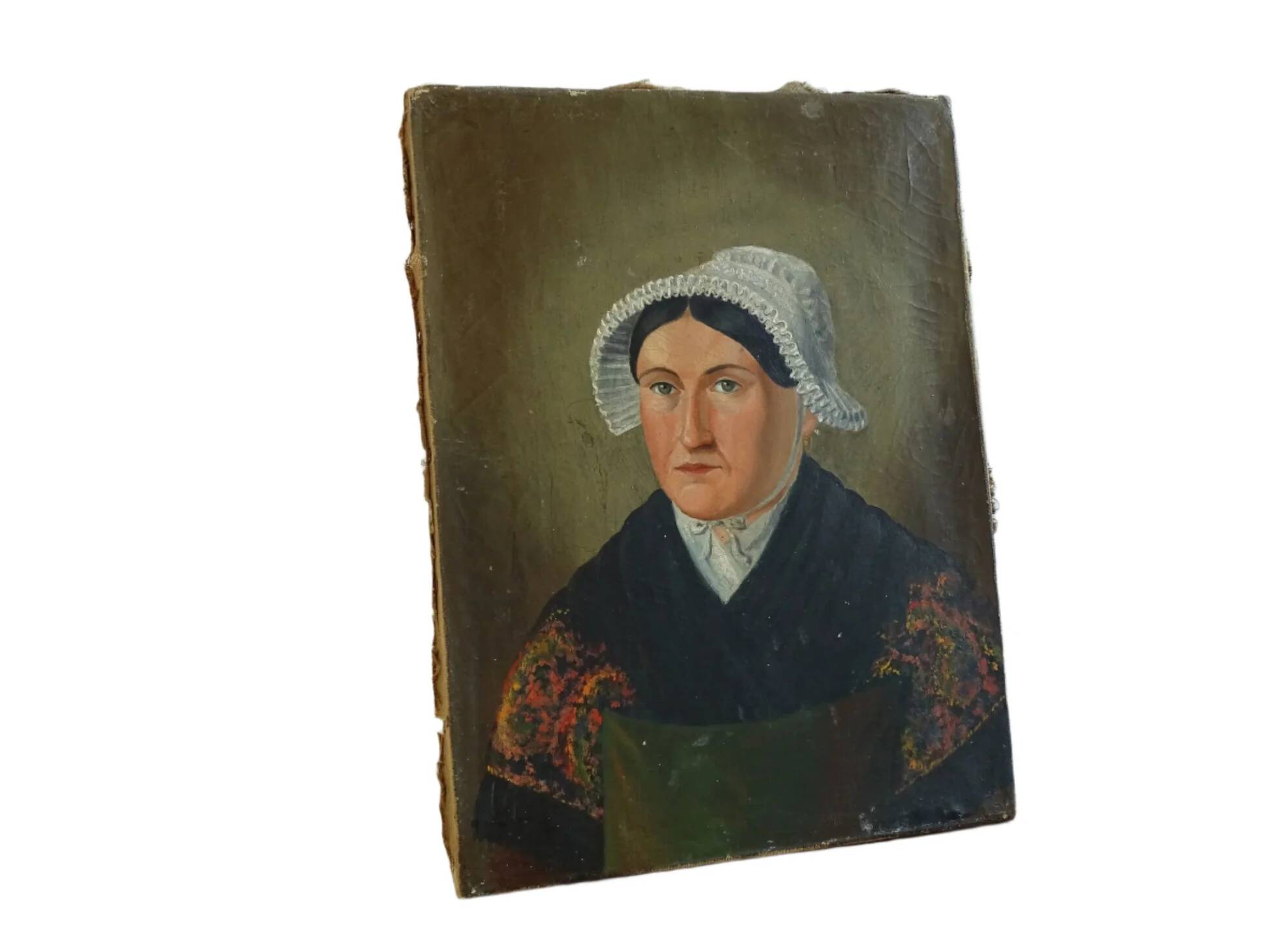 Portrait ancien français d'une dame, art populaire