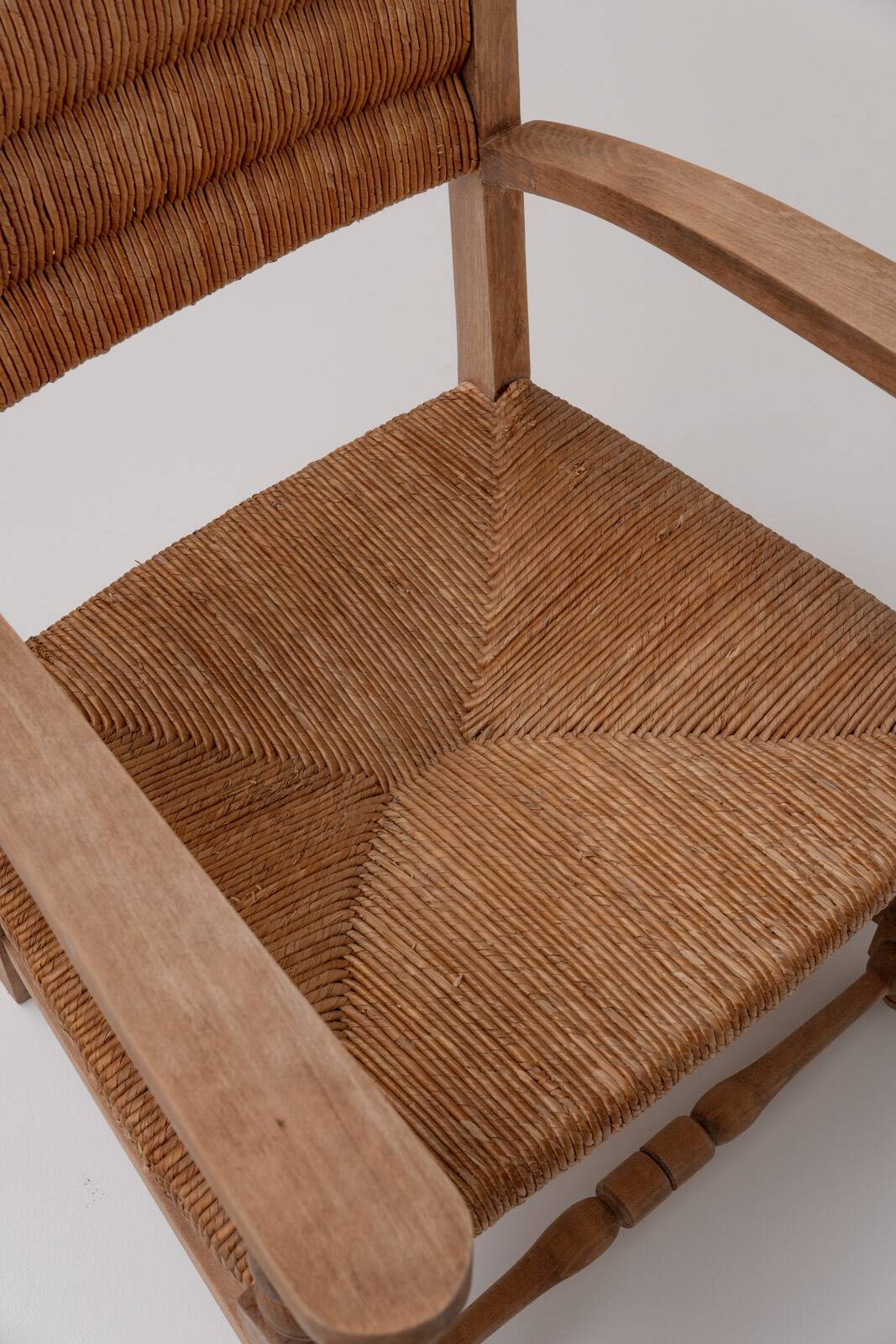 Pair of Rustic French Oak & Rush Armchairs, 1950s