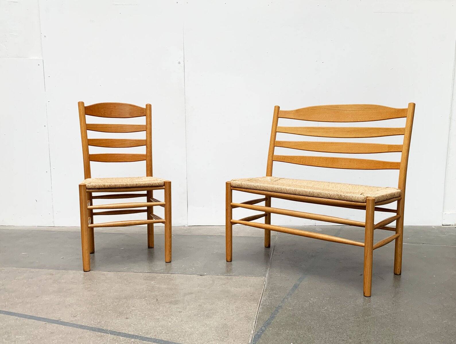 Scandinavian bench and chair set made of paper cord and oak from TS.