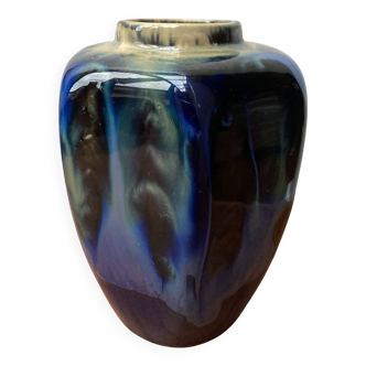 Vase Art Déco en grès flammé bleu