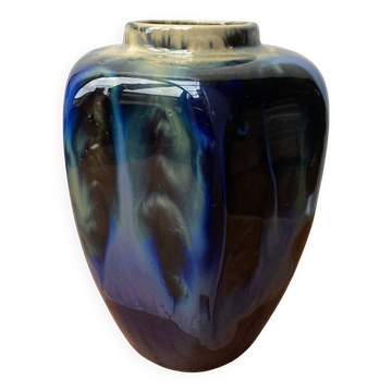 Vase Art Déco en grès flammé bleu