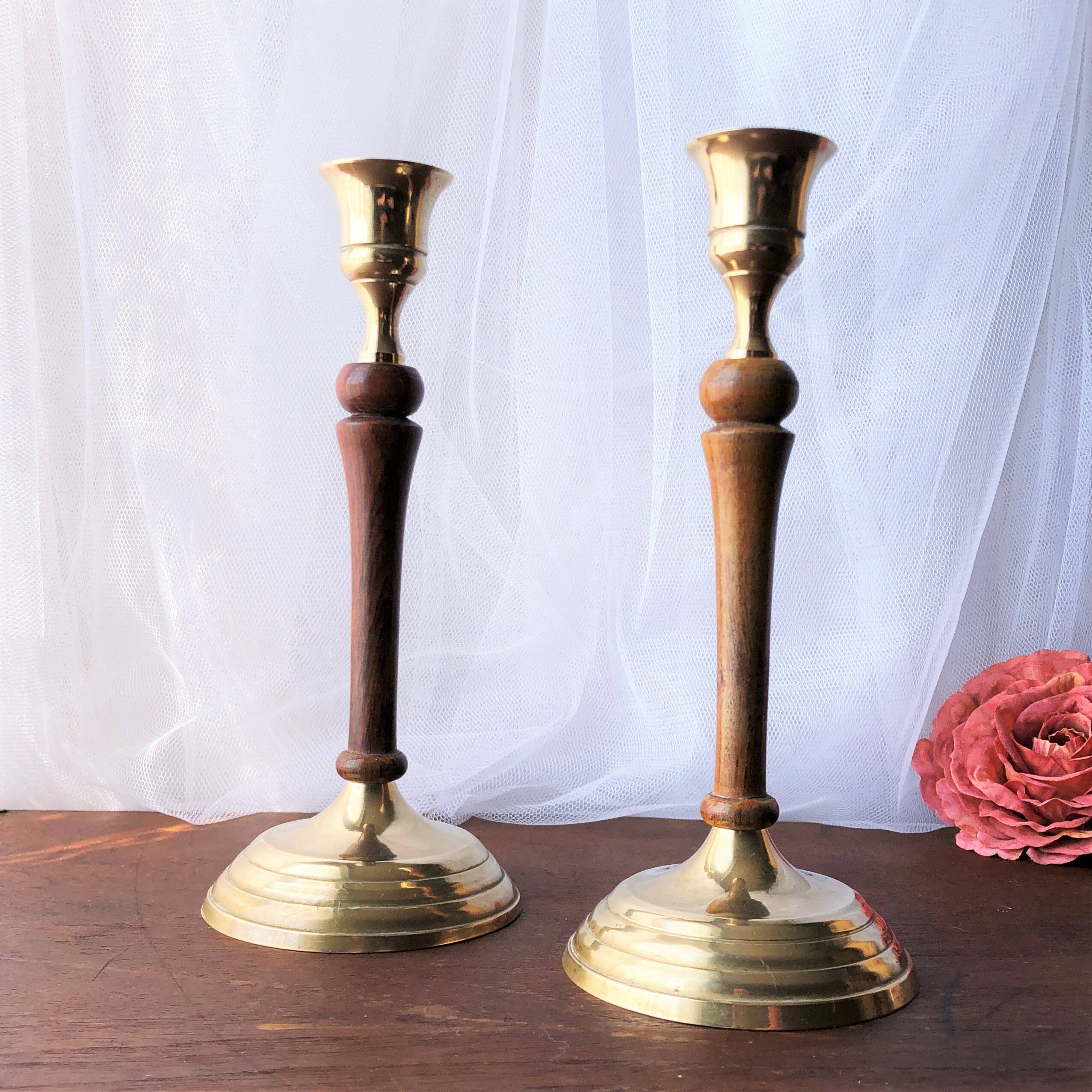 Pair of gilded brass and vintage Indian wood candlesticks