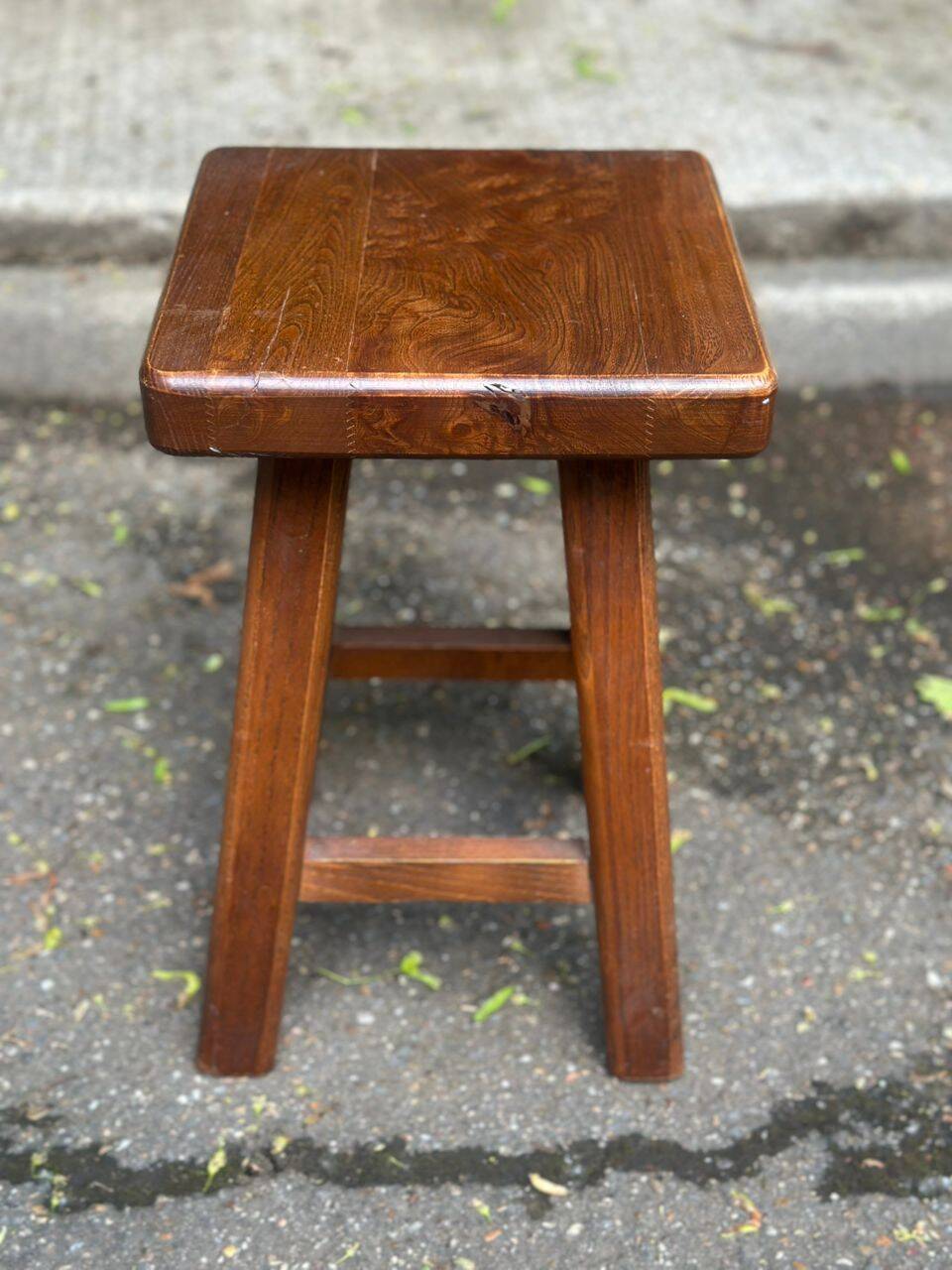 Vintage square farmhouse stool in solid wood from the 1960s.