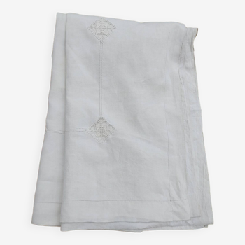 Drap en lin ancien avec retour - jours & broderie - 234 x 280 cm