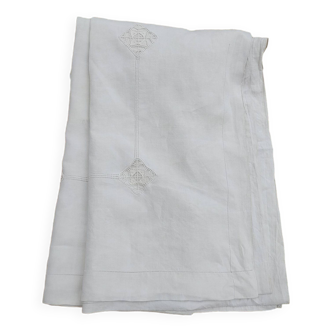 Drap en lin ancien avec retour - jours & broderie - 234 x 280 cm