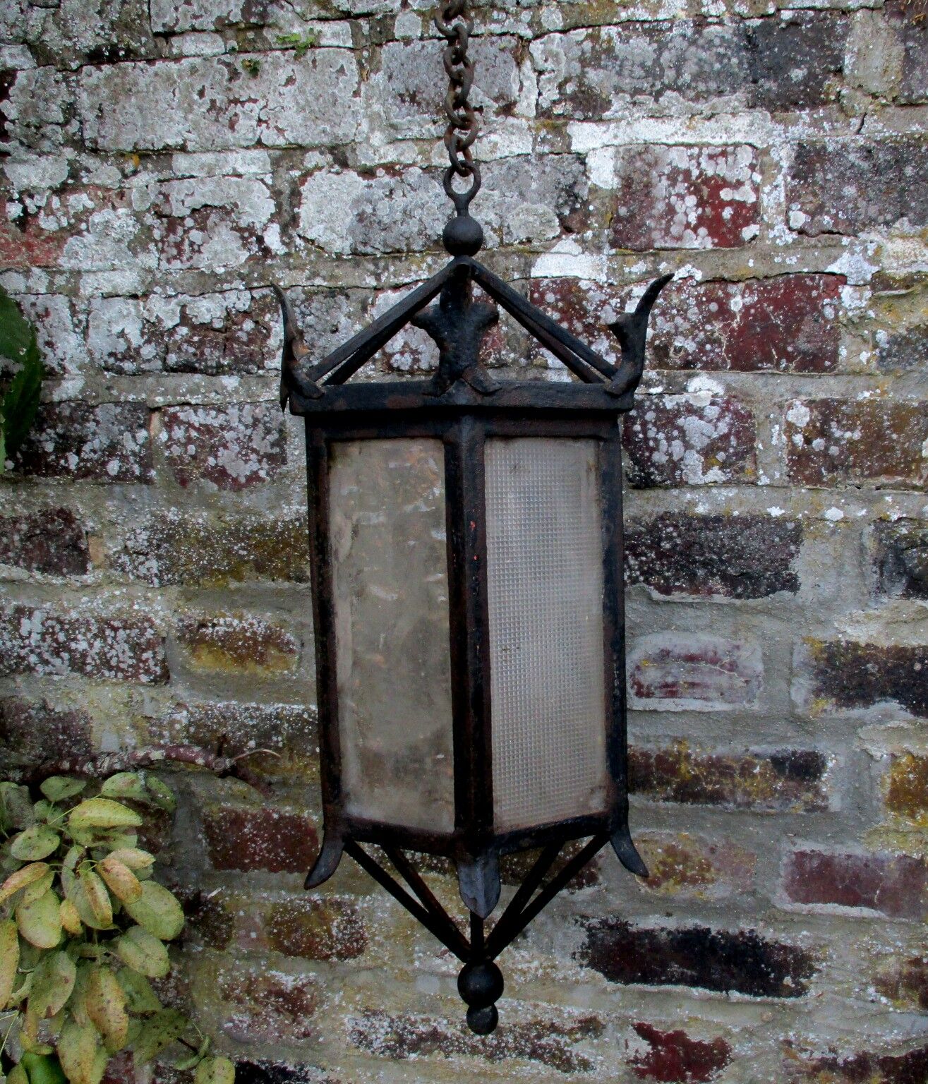 ancient hexagonal wrought iron lantern, decoration lily flowers- 19th century
