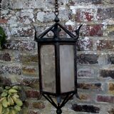 ancient hexagonal wrought iron lantern, decoration lily flowers- 19th century