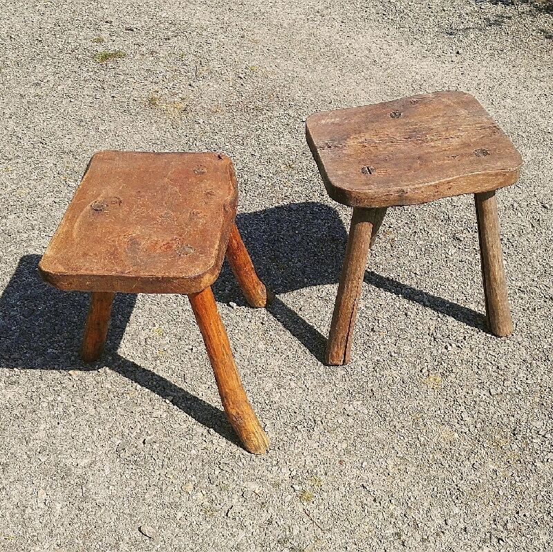 Pair of brutalist tripod stools vintage wood countryside