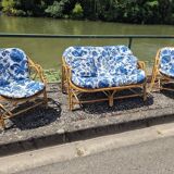 Rattan lounge two armchairs and a vintage bench 1950s