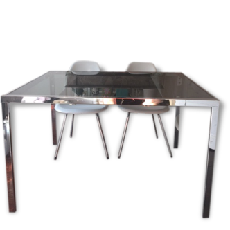Table design 70 verre teinté noir et metal chromé