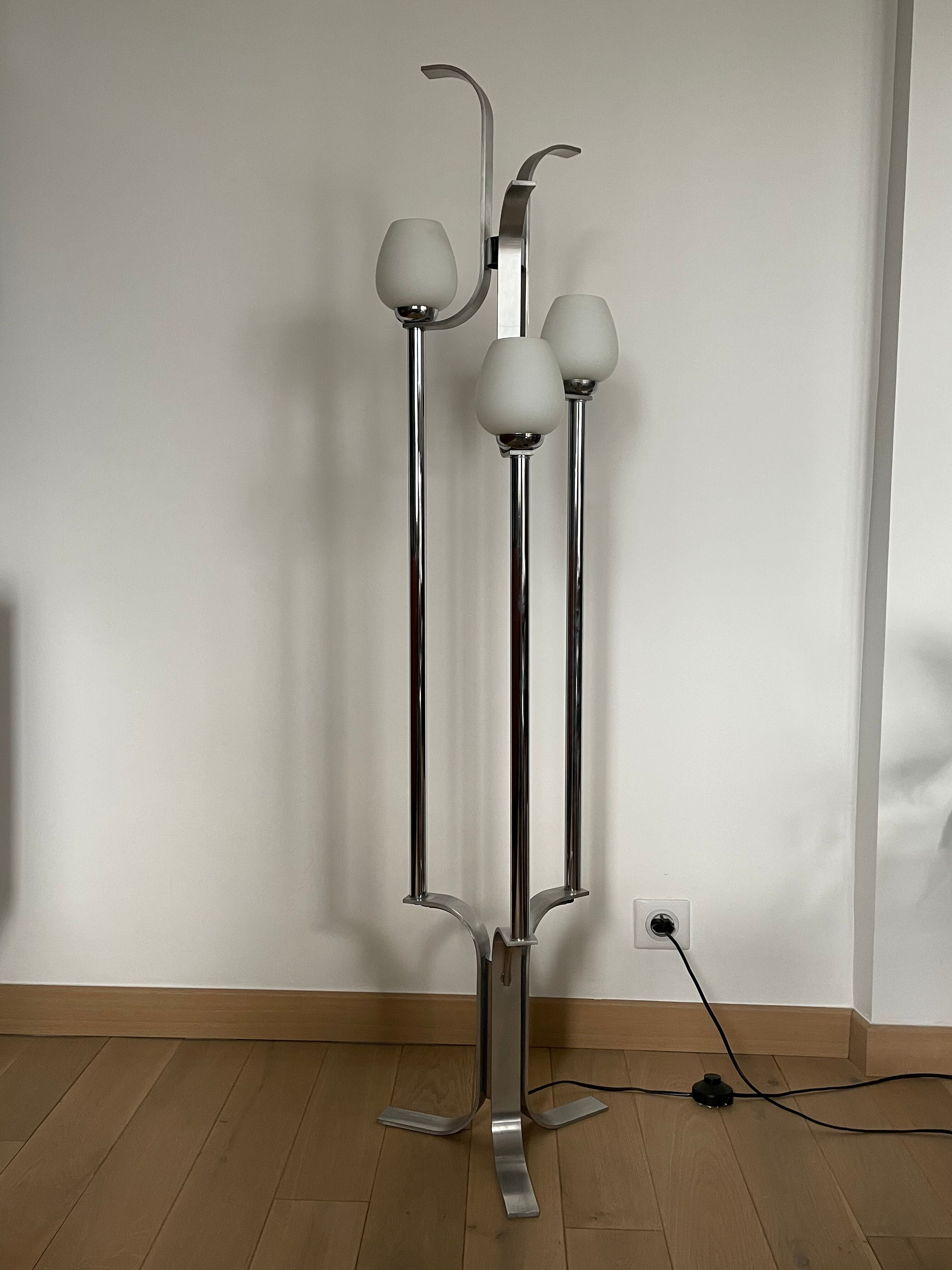 Space age lamp in brushed steel and opalin glass, 1970