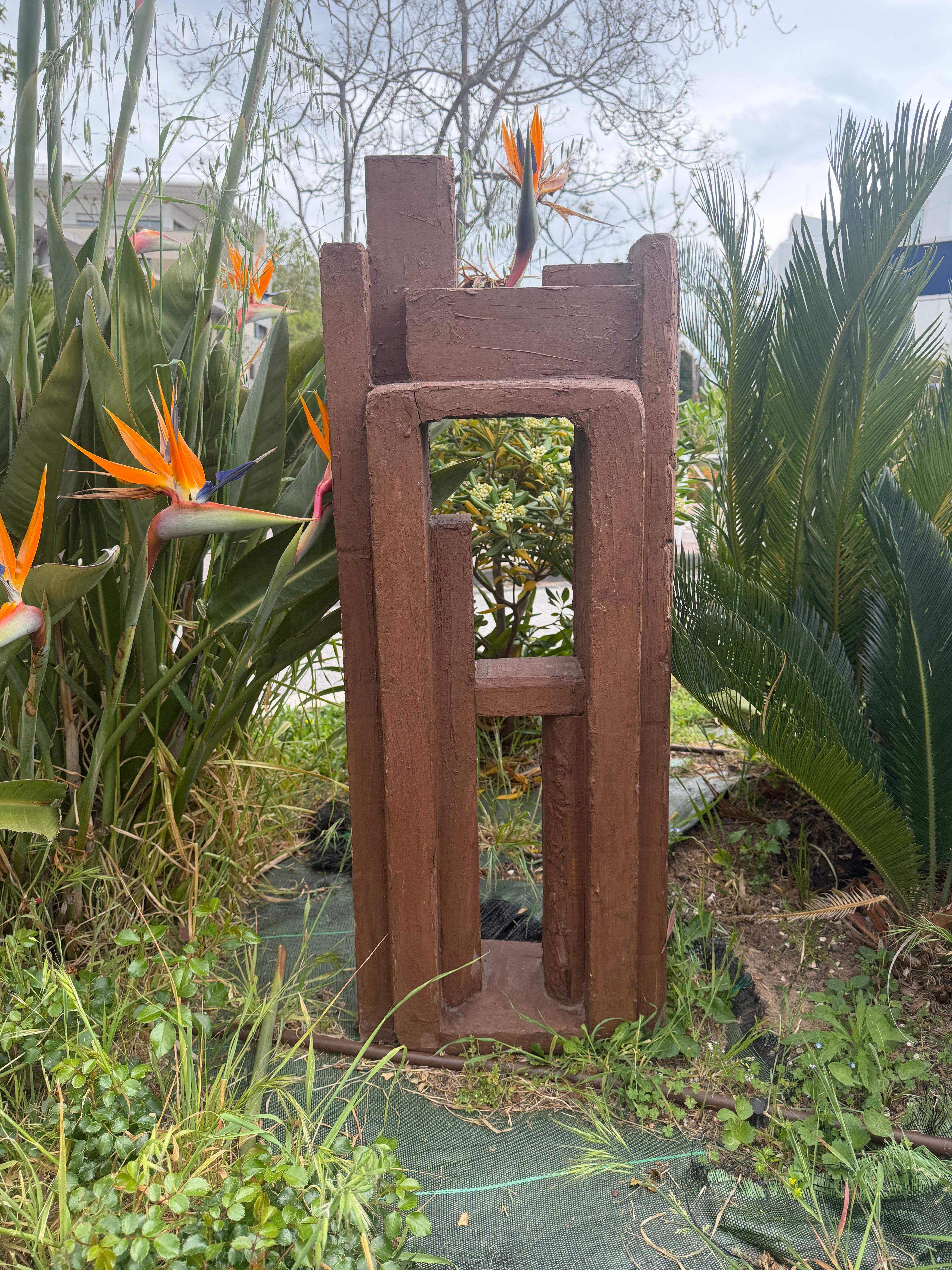 Superb postmodern brutalist sculpture in wood, metal, and material.