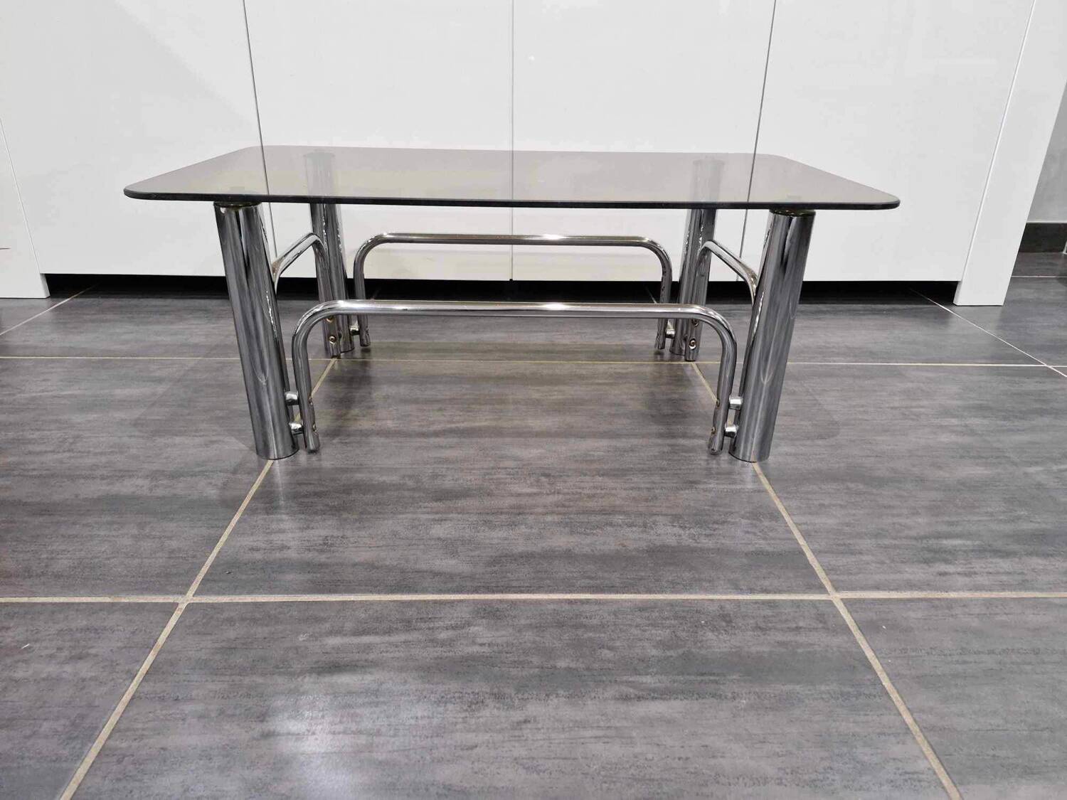 Vintage coffee table chrome metal and smoked glass 1970s