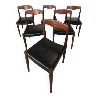 Lot de 6 chaises vintage, teck et simili cuir
