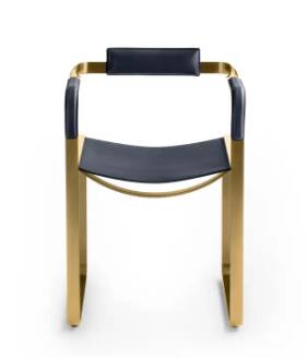 Armchair, aged brass steel and dark brown leather upholstery, contemporary style.