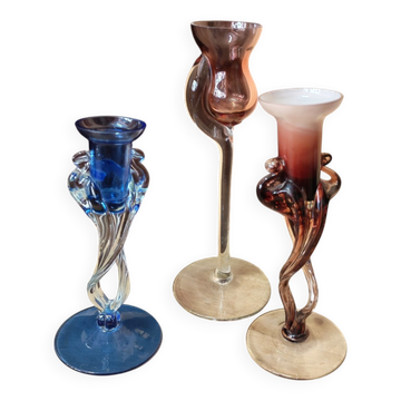 Set of three vintage blown glass candle holders Krosno Poland.