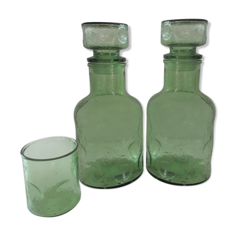 Pair of green decanters and glass