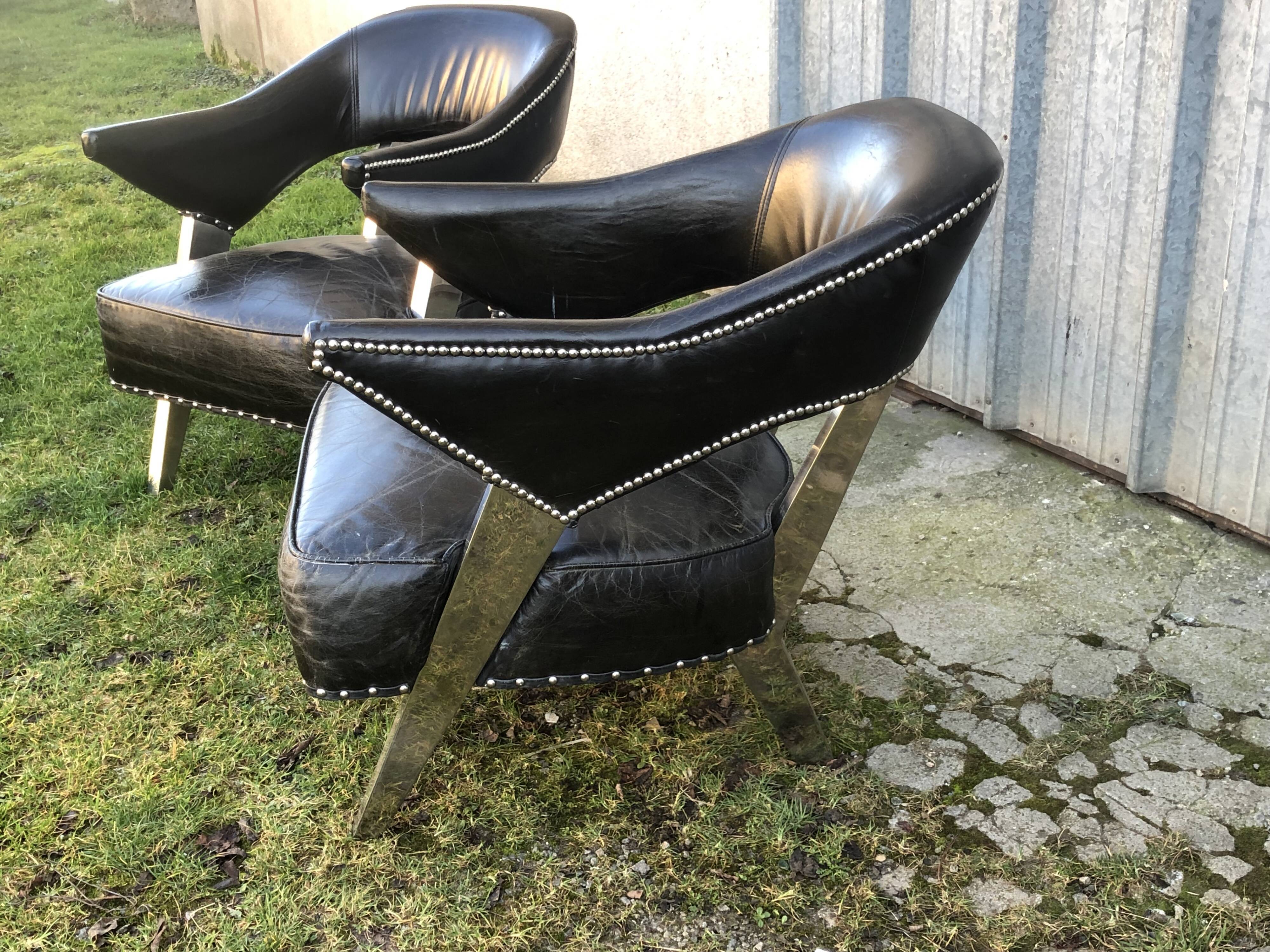 Pair of aviator chairs design XXeme leather and aluminum