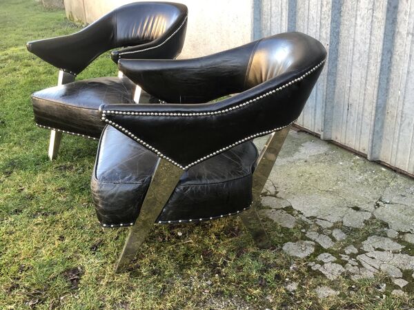 paire De fauteuils Aviateurs Design Xxeme cuir Et Aluminium