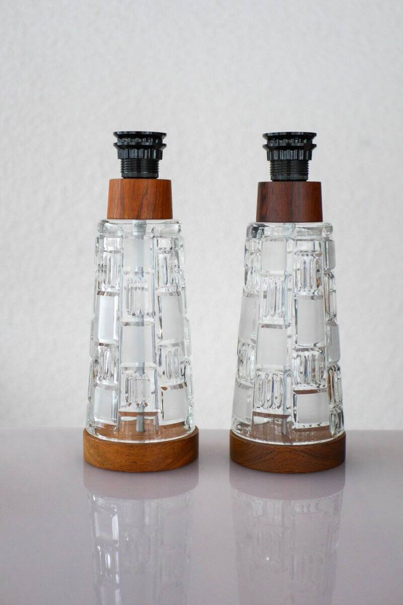 Mid-century modern Scandinavian teak and glass table lamps, set of 2