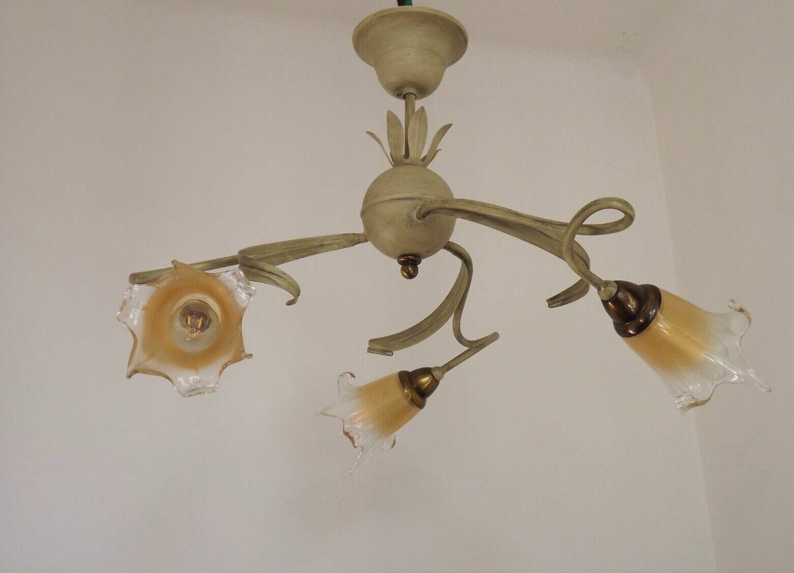 Stunning Italian Vintage 3 Light Tole Chandelier with Blown Glass Shades 4646