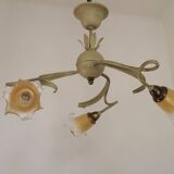 Stunning Italian Vintage 3 Light Tole Chandelier with Blown Glass Shades 4646