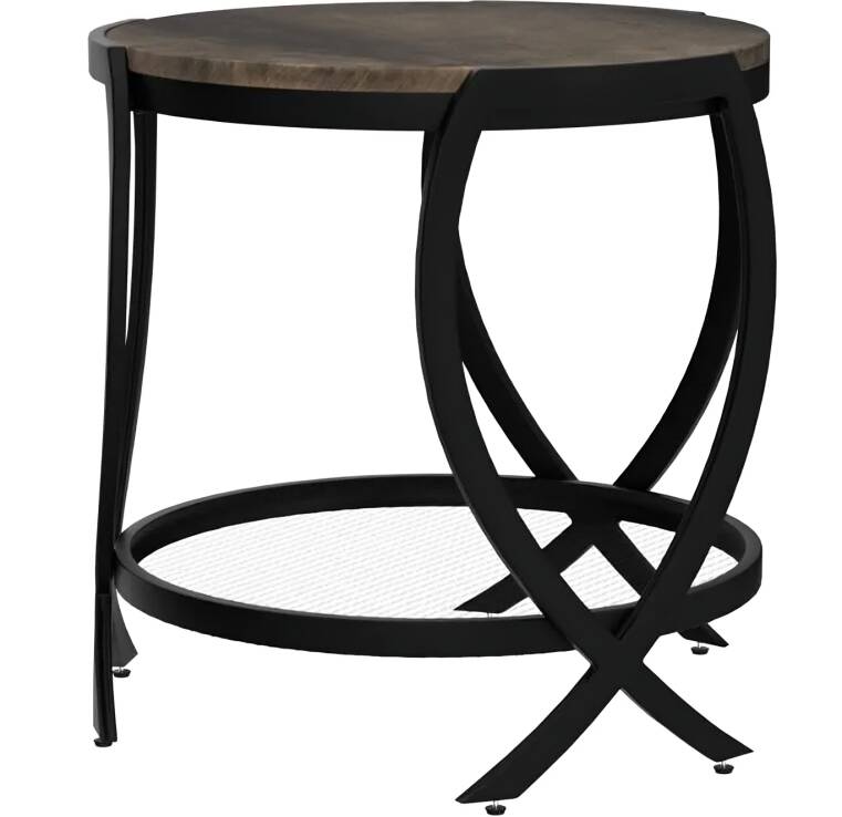Round Industrial End Table with Storage Shelf & Adjustable Feet, Rustic Brown Top, Black Metal Frame