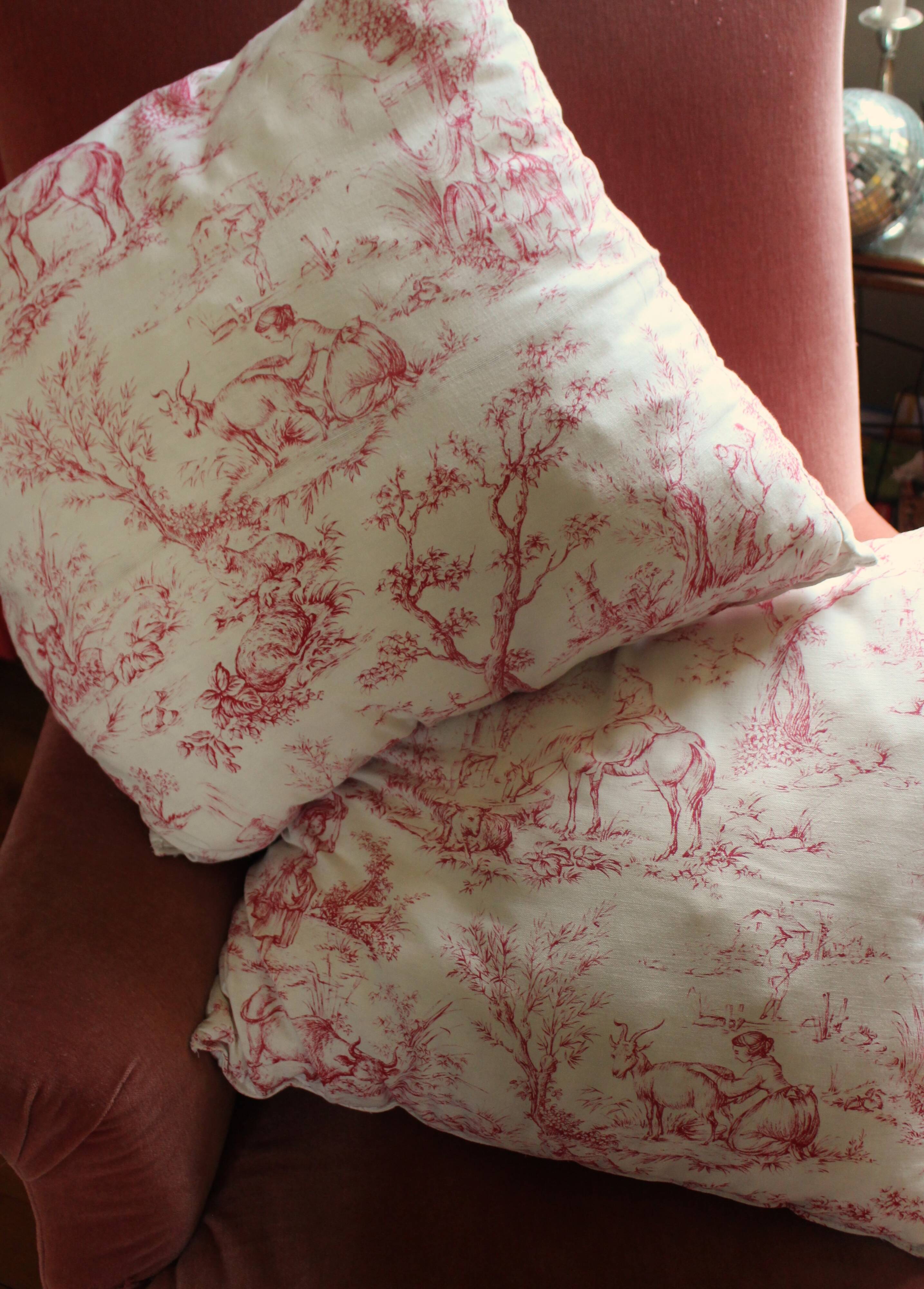 Paire Coussins Toile de Jouy rose ancienne