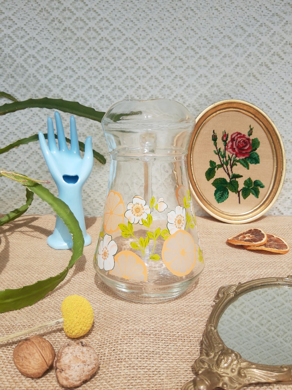 Carafe patterns flowers in glass -vintage