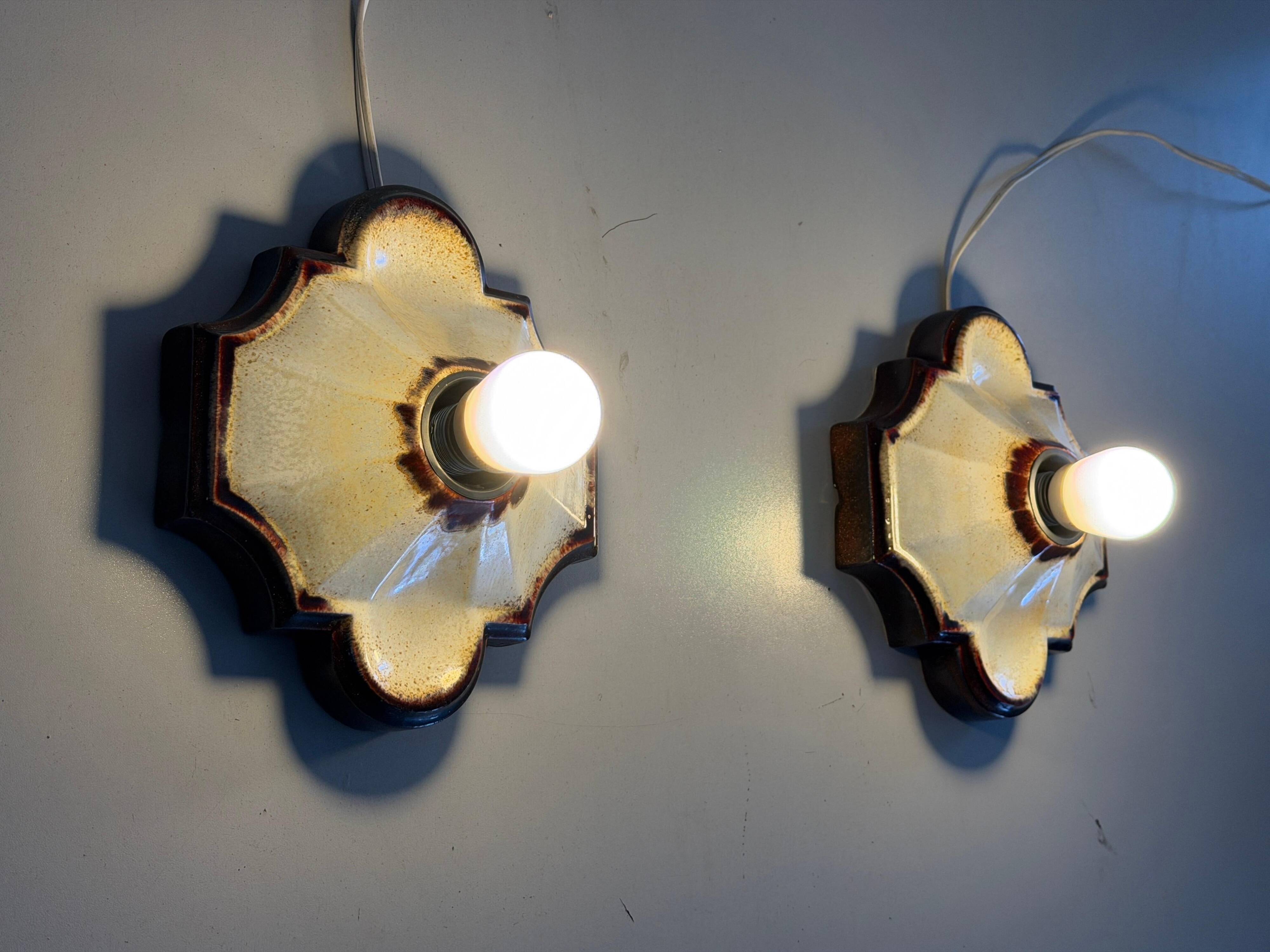 Pair of brown and cream ceramic wall lights by PAN Leuchten, 1970 Germany