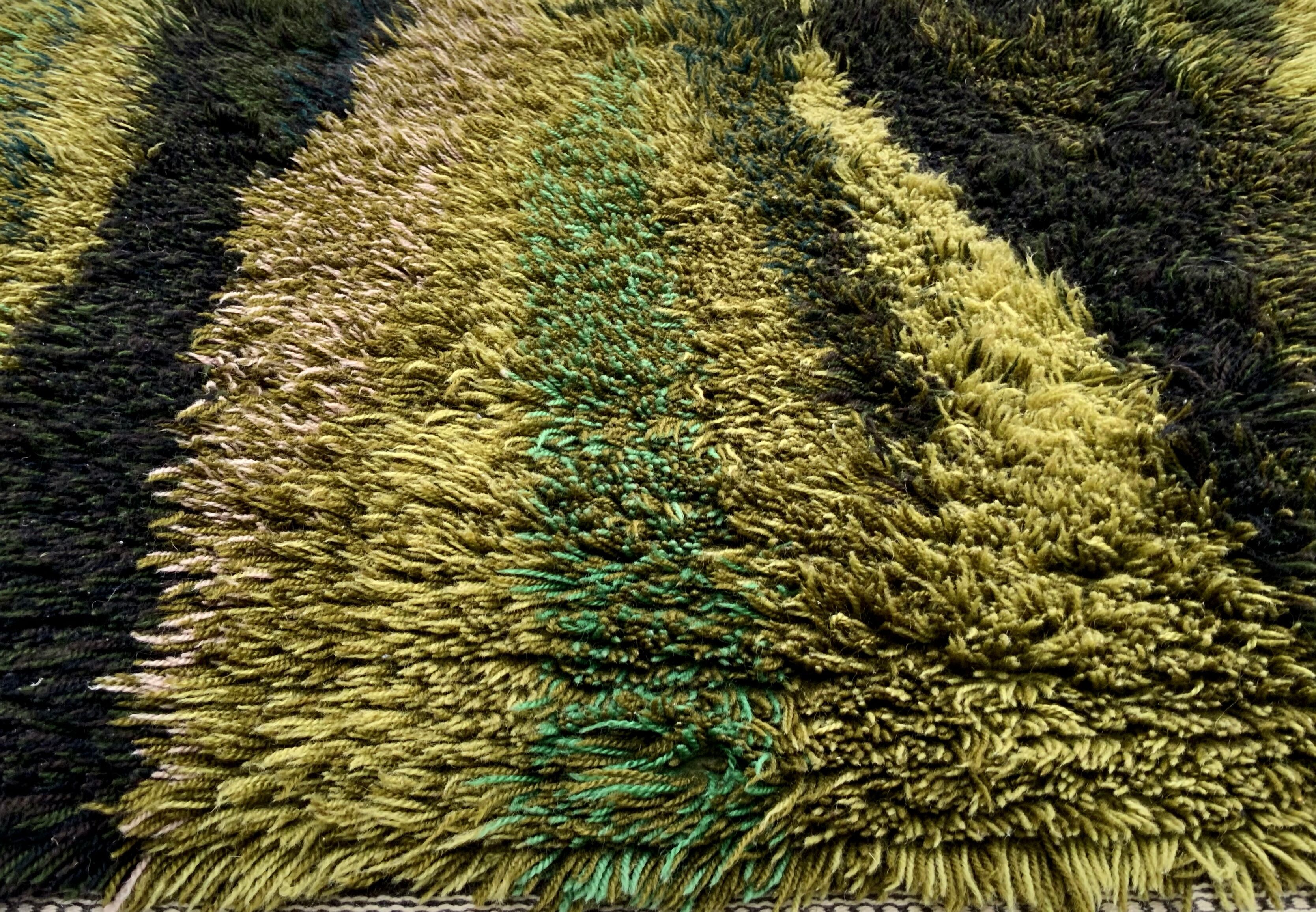 Green scandinavian modernist design wool rya rug woven handmade vintage 1960s