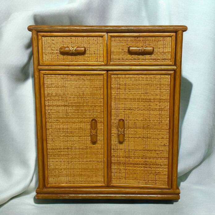 Vintage wooden and rattan chest of drawers