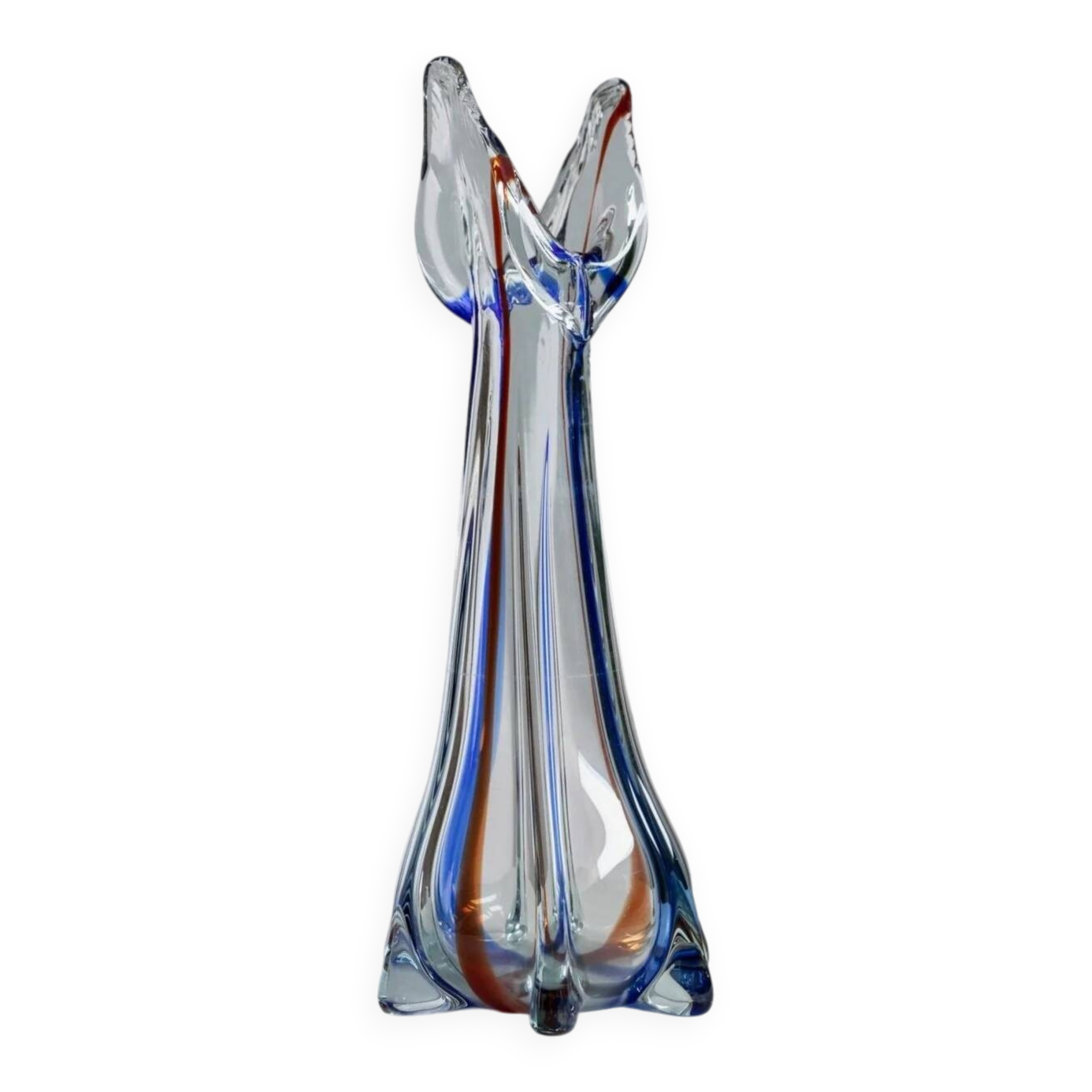 Grand vase en verre de Murano vintage, verre clair avec des détails bleus et rouges, années 1970 Italie – Soufflé à la main, base en trépied