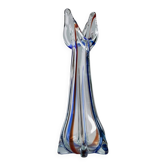 Large Vintage Murano Glass Vase, Clear Glass with Blue and Red Details, 1970s Italy – Handblown, Tripod Base
