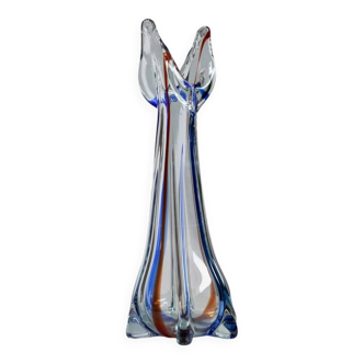 Large Vintage Murano Glass Vase, Clear Glass with Blue and Red Details, 1970s Italy – Handblown, Tripod Base