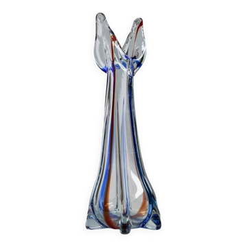 Large Vintage Murano Glass Vase, Clear Glass with Blue and Red Details, 1970s Italy – Handblown, Tripod Base