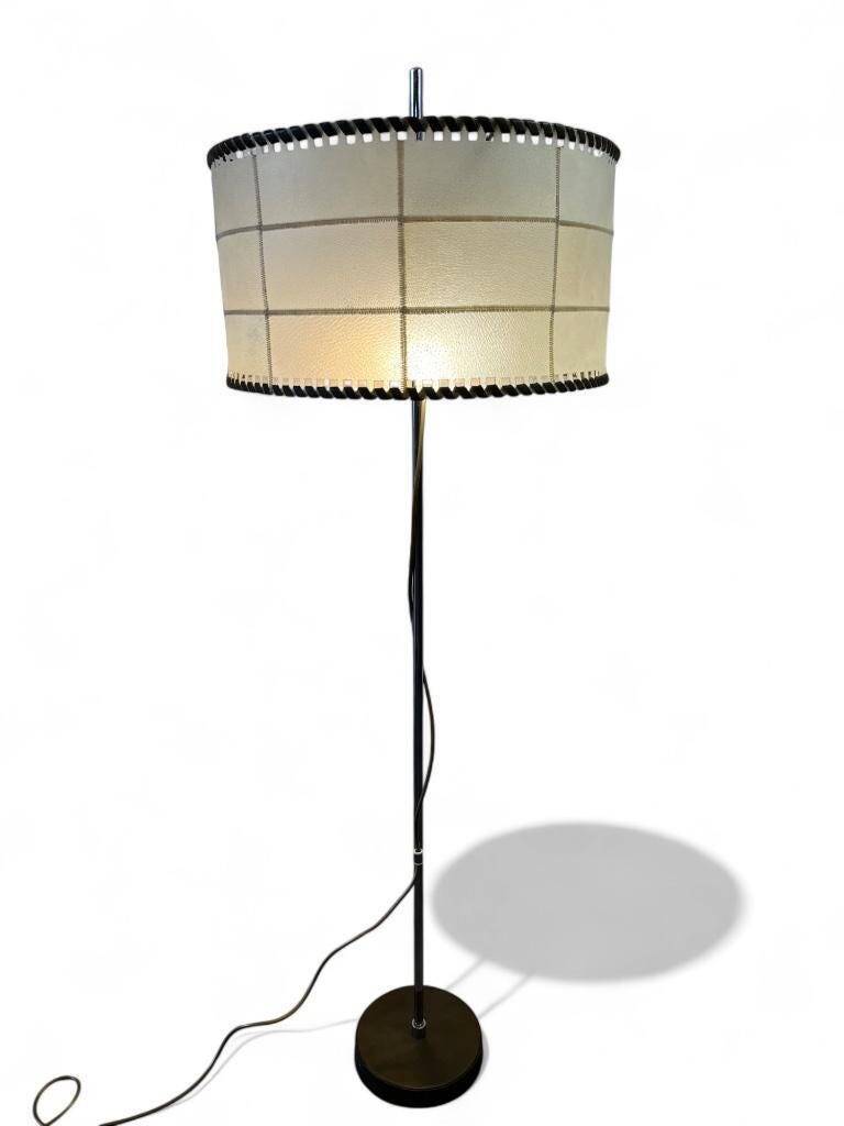 Vintage floor lamp with parchment and leather shade, 1960s