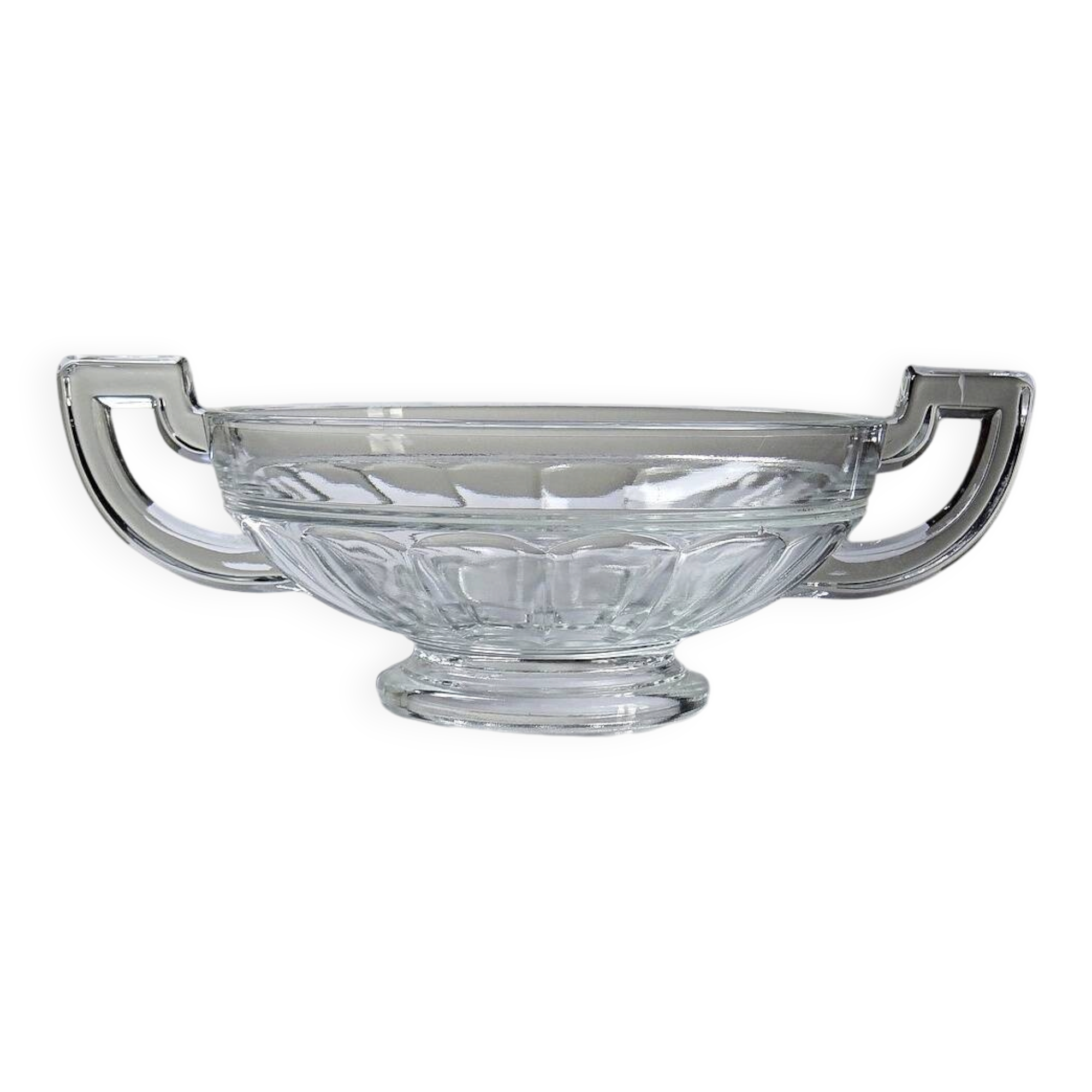 Art Deco glass bowl, in the style of Val Saint Lambert, with wide handles.