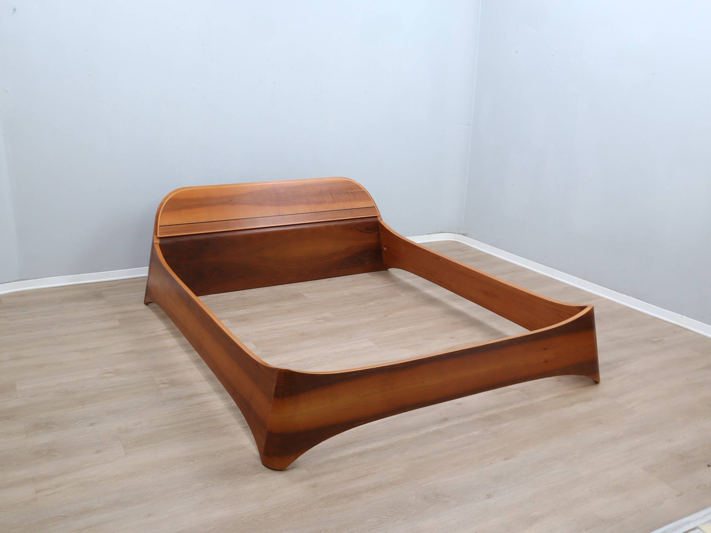 Italian 1970s Curved Walnut Bed Frame with Storage Headboard